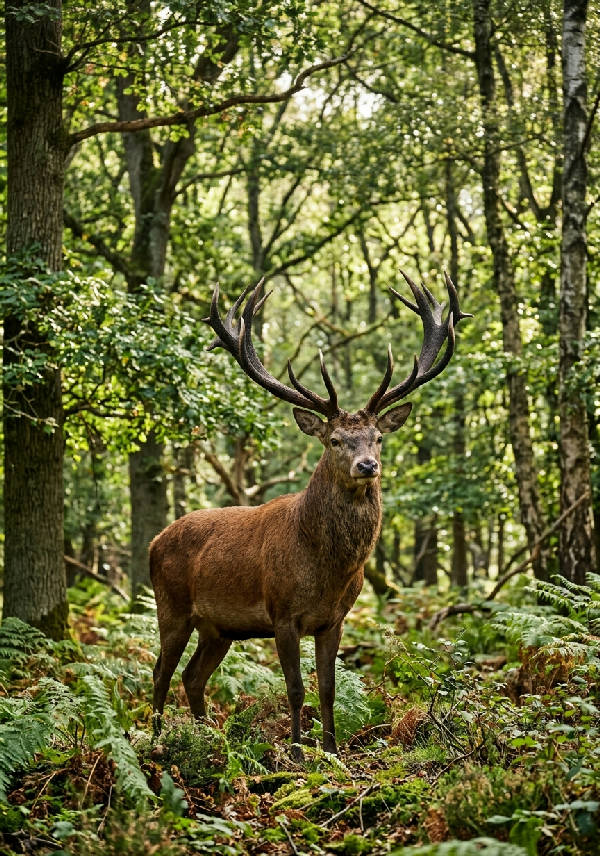 Porträtt av en ståtlig kronhjort med stora horn som står i en skogsglänta med träd i bakgrunden.