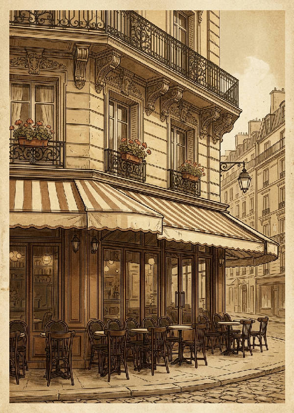 Ett porträttformat konsttryck av ett klassiskt franskt hörn-café i 1920-talsstil med varma bruna toner. Detaljerad fasad och gatuliv syns i bilden.