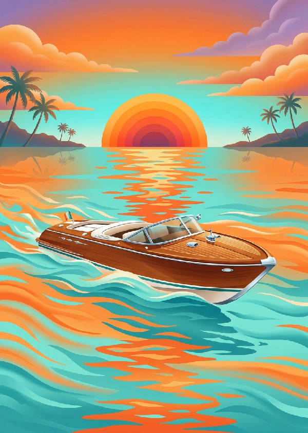 Sleek träbåt i 80-tals airbrush-stil som skär genom stiliserat akvamarinblått vatten vid solnedgången, med en tangerinefärgad sol som reflekteras.