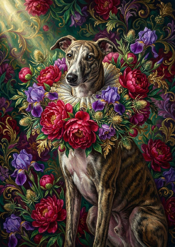 Whippet hund i utsmyckad krage av pioner och tistlar, rik gouache målning i smaragd, rubin, ametist, guld.