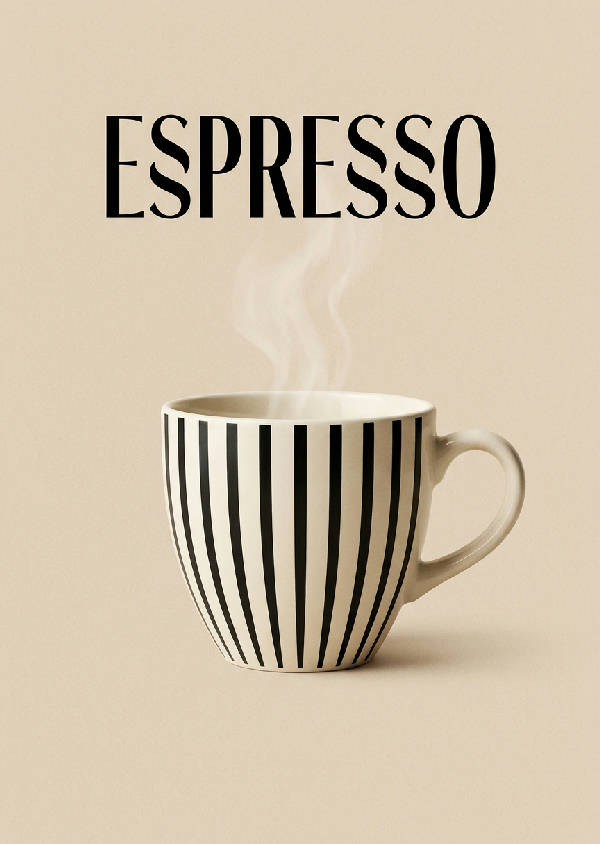 Minimalistisk poster med ordet 'ESPRESSO' över en stiliserad kaffekopp med svarta ränder på en mjuk beige bakgrund