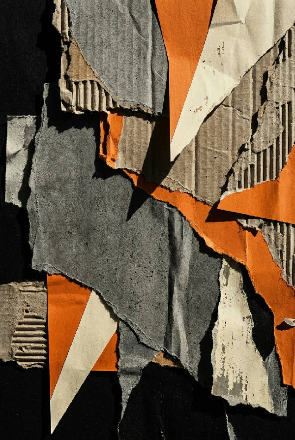 Abstrakt brutalistiskt collage med rivna lager av texturerat betongpapper, sliten kartong och taggiga geometriska utskärningar i svart, orange, grått och kräm.