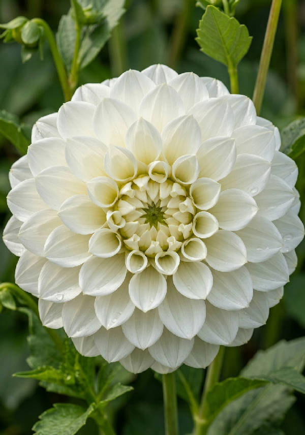 Närbild av en vit dahlia som visar dess orörda kronblad och detaljerade centrum i porträttformat.