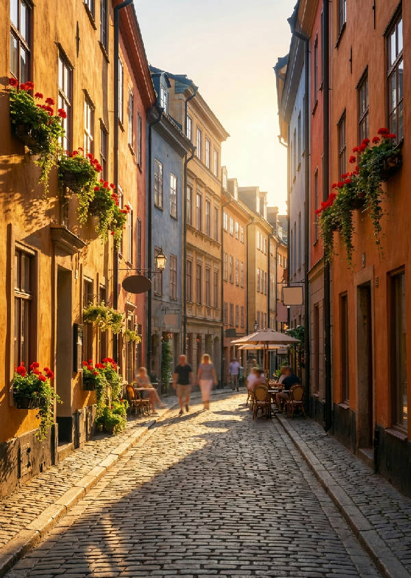 Målerisk gata i Gamla Stan i Stockholm under gyllene timmen med kullerstenar, färgglada byggnader, blommor och suddiga figurer.