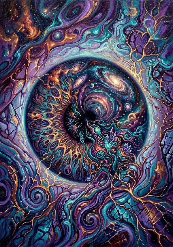 Närbild av ett detaljerat mänskligt öga i abstrakt oljemålning med inslag av surrealism och blåa toner.