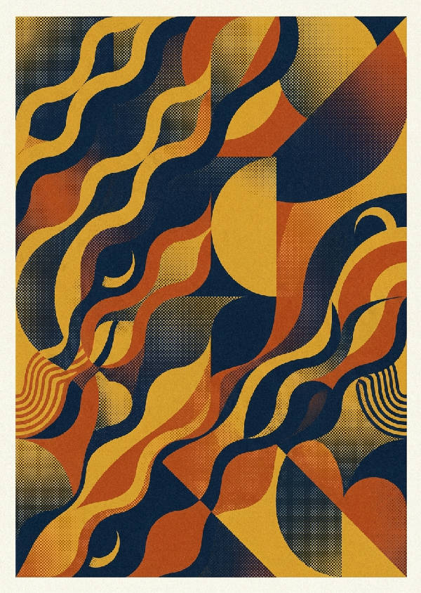 Stående konsttryck med sammanflätade marinblå vågor, senapsgula halvcirklar och brända orangea geometriska former i retrostil.