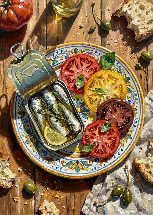 Oljemålning av rustik sommarfest. Sardiner, skivade tomater på tallrik. Dramatiska skuggor. Röd, blå, grön, ockra.