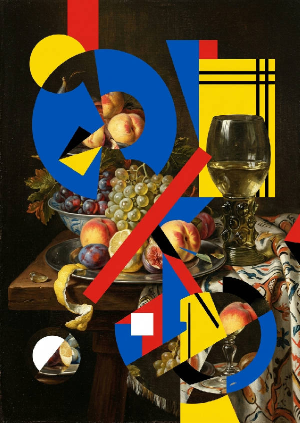Abstrakt geometriskt mönster i Bauhaus-stil över ett klassiskt stillebenmotiv, i ljusa färger.