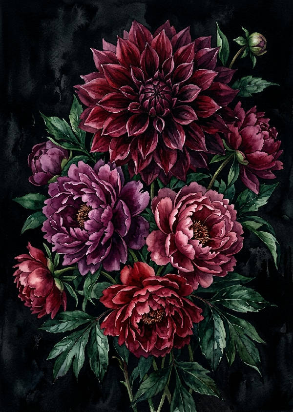 Mörk lila dahlia blomma målad i akvarellstil, med mjuka färgövergångar och en drömsk bakgrund.