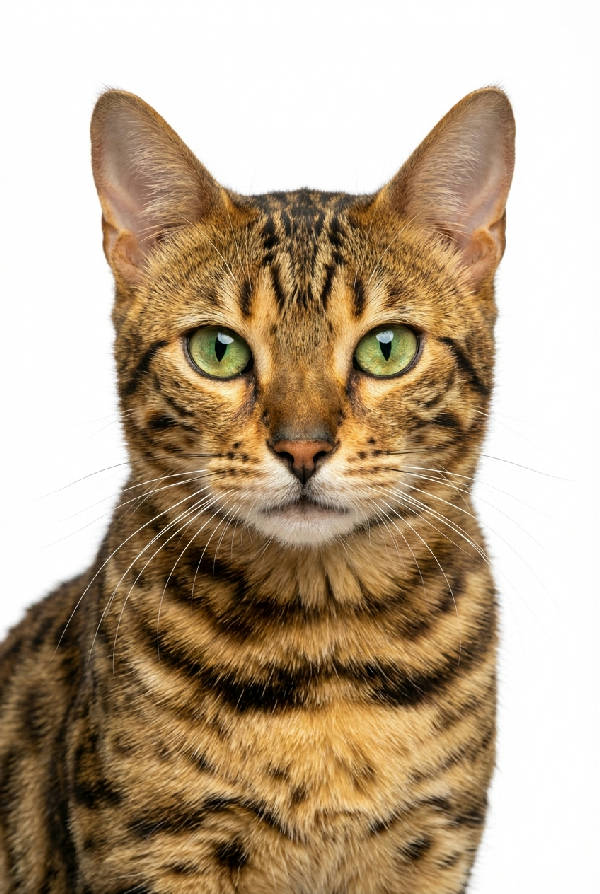 Närbilds-porträtt av en vaken bengalkatt med distinkta marmorerade markeringar mot en ren vit bakgrund.