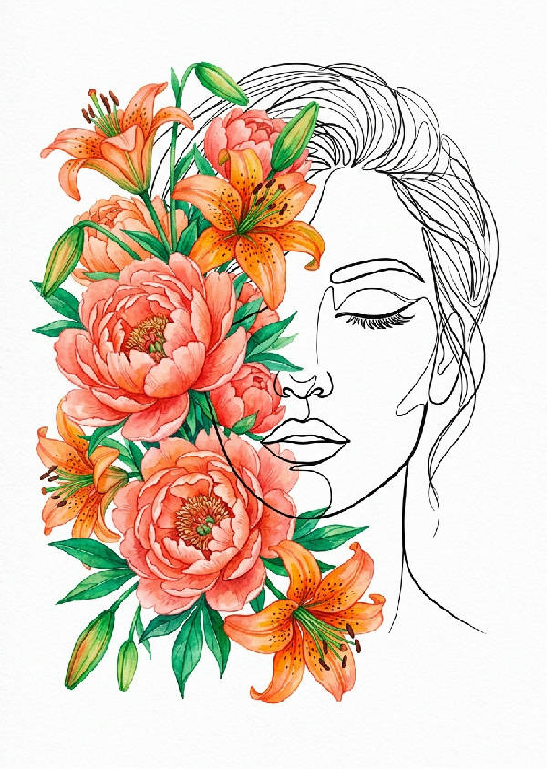 Linjekonstporträtt av en ansiktsprofil omgiven av livfulla rosa och röda pionblommor med gröna blad.