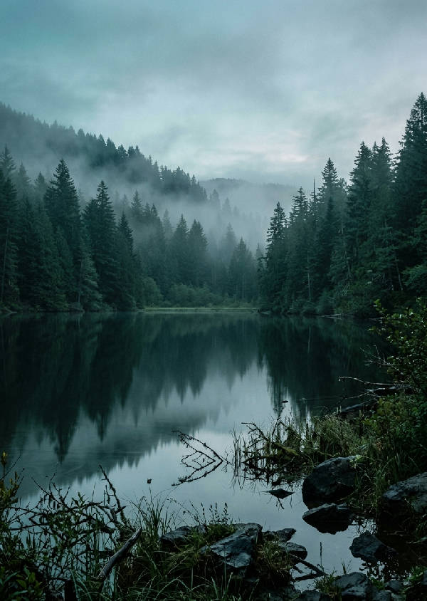 Vertikal bild av en dimmig granskog som omger en lugn sjö i dämpade gröna och blåa nyanser.