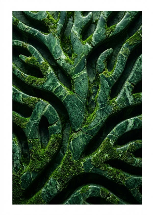 Närbild av ett fraktalt mönster i mossgrön marmor med komplexa förgreningar och ådringar. Ljus makrofotografering i stående format.