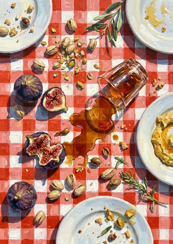 Livfull gouachemålning av ett medelhavsbord med fikon, pistagenötter och spilld vermouth på rutig duk.