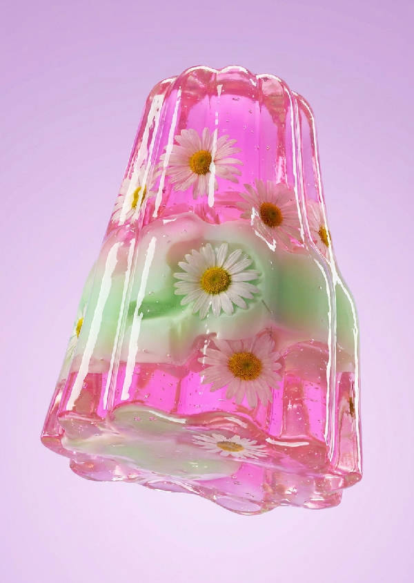 Vobblig neonrosa och pastellgrön gelédessert med inbäddade prästkragar, glänsande reflexer, mot en mjuk lila bakgrund.