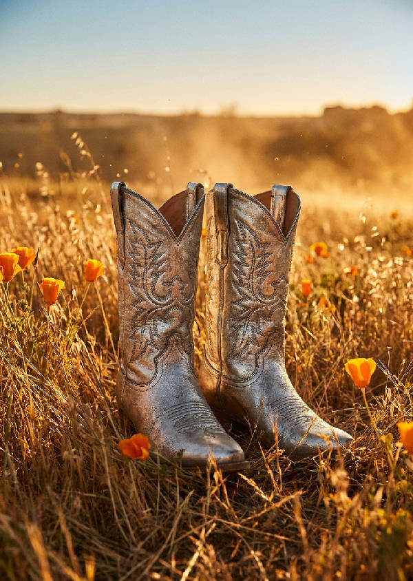 Högmodigt redaktionellt foto av metalliska silverfärgade cowboystövlar i ett fält av torrt gräs och orange vallmo i gyllene timmen.