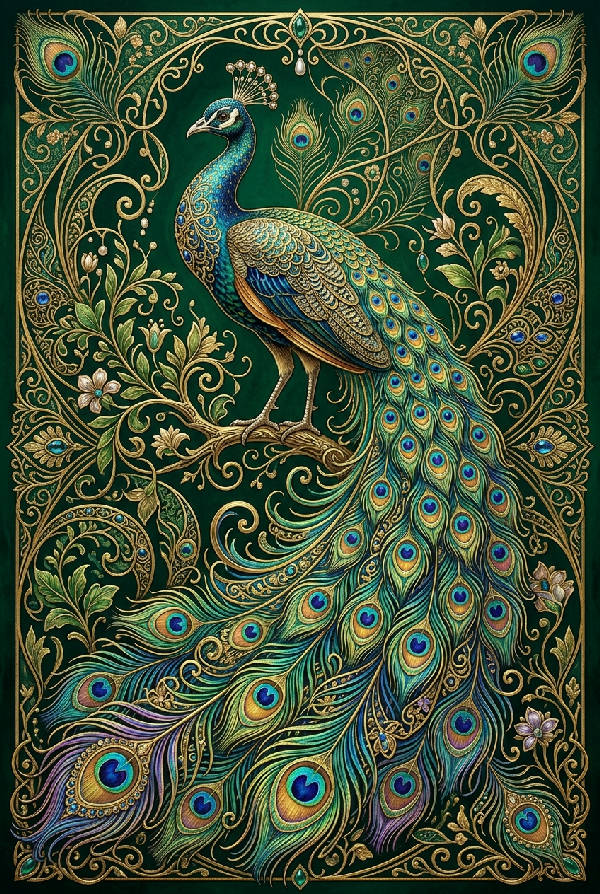 Närbild av en påfågel i Art Nouveau-stil med skimrande fjädrar, organiska linjer och guldutsmyckningar mot en smaragdgrön bakgrund.