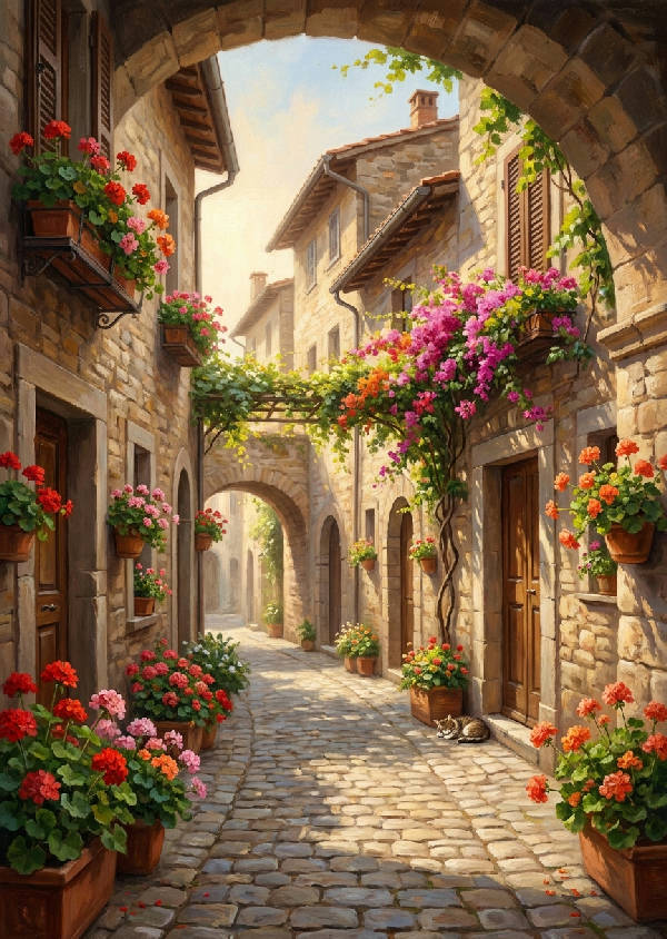 Smal italiensk gata med stenhus och färgglada blomlådor i mjukt solljus, porträttorientering