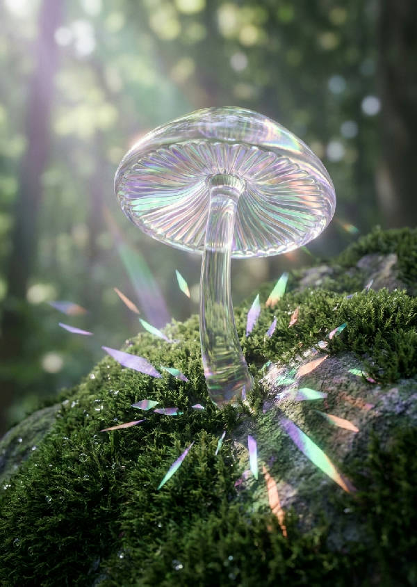 Närbild av en skir, genomskinlig glaschampinjon med skimrande skivor, växande på en sammetslen mossig sten. Reflekterande holografiskt material.