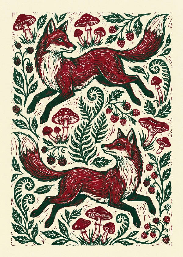 Linocut-tryck: två speglade rävar, folkkonstsvampar och vilda bär. Skogsgrönt och karmosinrött bläck.