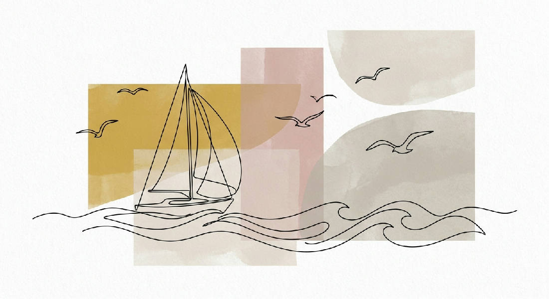 Minimalistisk linjeteckning av en segelbåt och vågor med silhuetter av måsar i svart bläck. Bakgrund i dämpad senapsgul, puderrosa och ljusgrå med generöst vitt negativt utrymme.