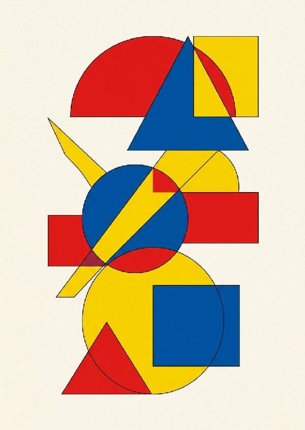 Abstrakt porträttorienterad bild i Bauhaus-stil med djärva primärfärger som rött, blått och gult. Består av skarpa geometriska former och linjer.
