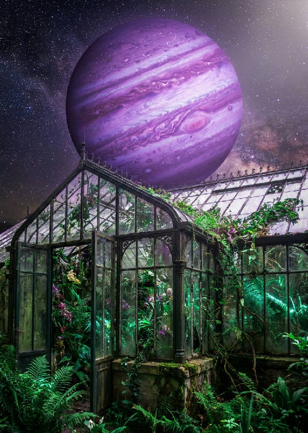 Surrealistiskt collage av en glödande lila planet ovanför ett övervuxet viktorianskt växthus med frodiga gröna ormbunkar.