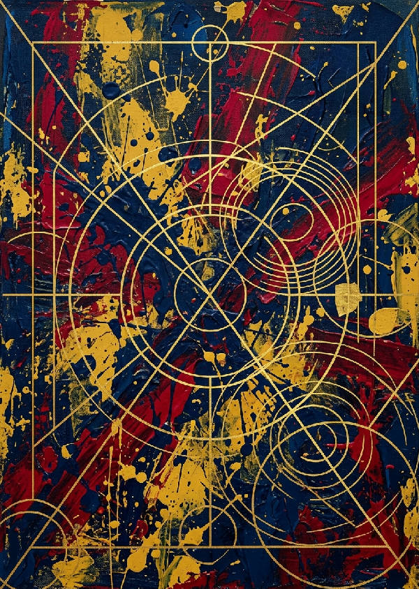 Närbild av ett abstrakt konstverk med geometriska former i guld och svarta nyanser, med en strukturerad yta.