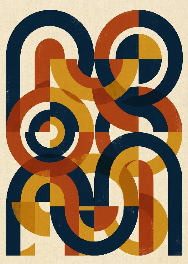 Abstrakt poster med geometriska valv och cirklar i olika lila nyanser, porträttorienterad