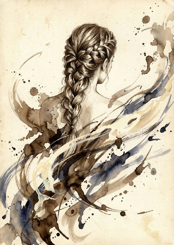 Uttrycksfull bläckillustration av kvinna från ryggen, med flätor som löses upp i abstrakta stänk. Sepia, elfenben, indigo toner.