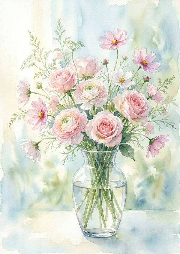 Mjuk akvarellmålning av en glasvas fylld med skira rosa och vita blommor i en luftig komposition.