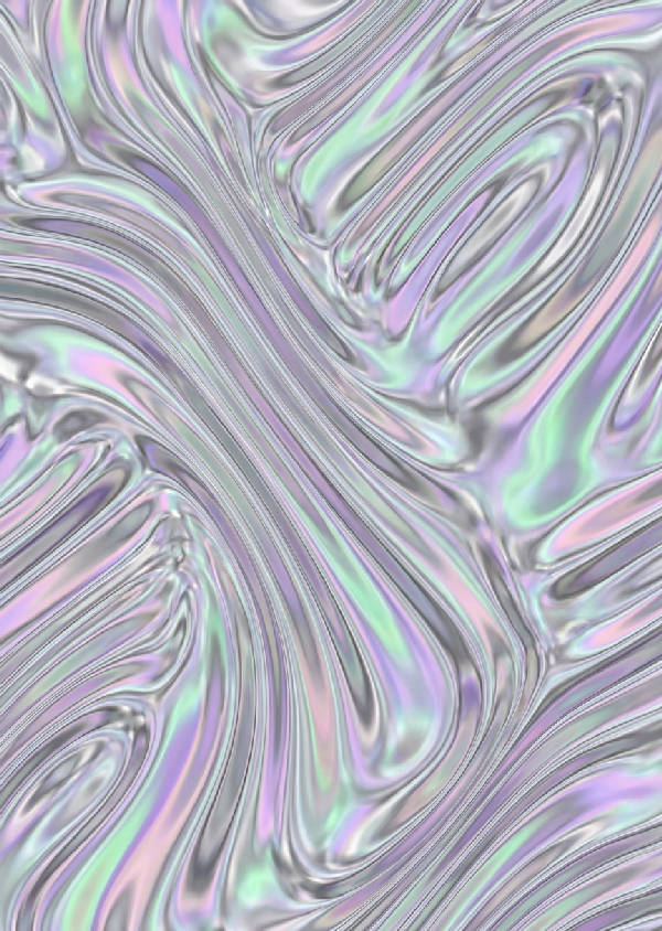 Abstrakt landskap digitalt kollage med flytande kromvågor och iriserande holografiska reflektioner i lila och mint.