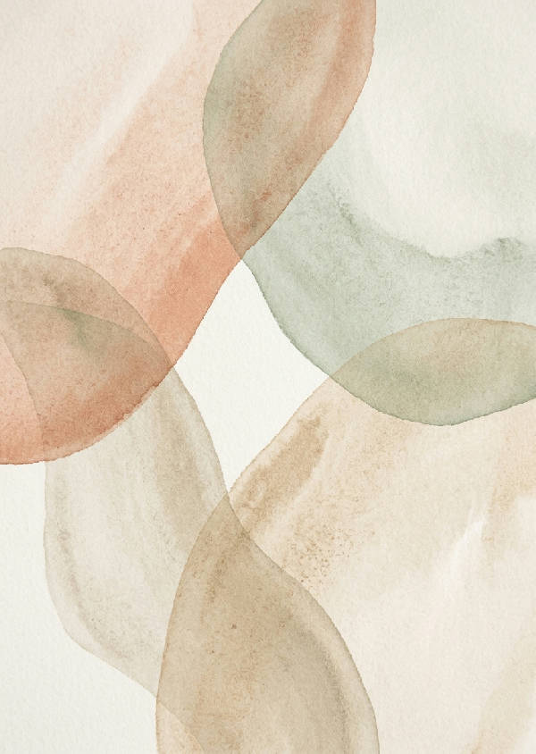 Minimalistisk abstrakt konst med organiska former i terracotta, salviagrön, beige på benvit bakgrund, subtil granulär textur