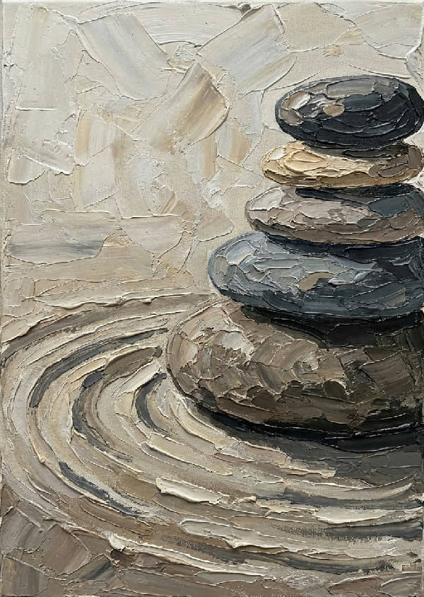 En närbild av staplade zen-stenar i impasto-stil, med tjocka penseldrag och mjuk belysning. Jordnära färger, med toner av kol, varm beige, skiffergrått och taupe. Skuggor faller mjukt över den orörda sanden.