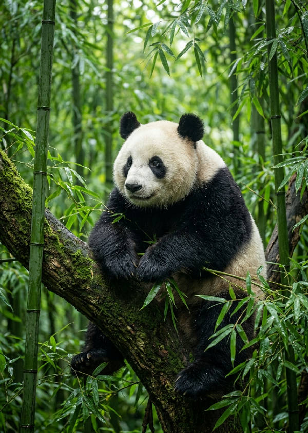 Närbild på en jättepanda som tittar direkt på betraktaren, med bambublad i bakgrunden.