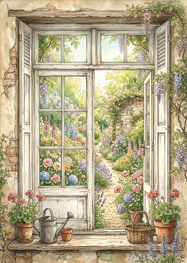 En målning som föreställer ett öppet franskt fönster med utsikt över en solig, lummig trädgård med blommor och gröna växter.
