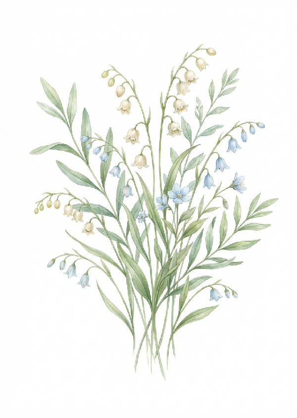 Närbild av delikata, handritade vildblommor i sagegrönt och kräm, med smala blad på en vit bakgrund.