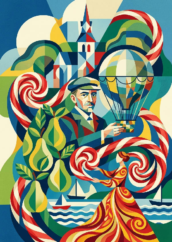 Konstnärlig illustration av Gränna stad med kyrkan, päron, en polkagris och Salomon August Andrée.