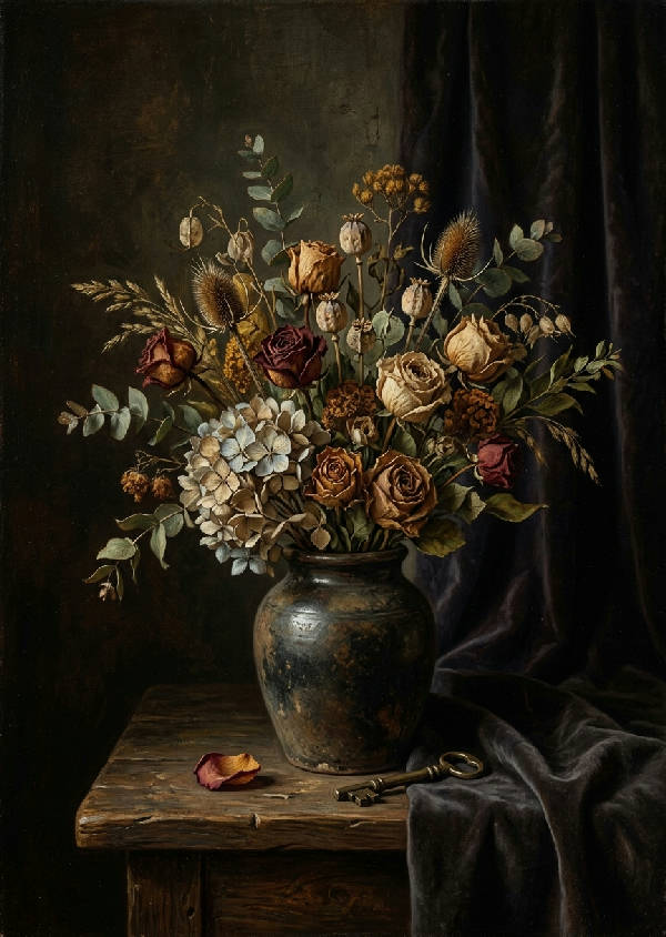 Stående konsttryck som avbildar ett klassiskt mörkt blomstilleben med dramatisk belysning mot en svart bakgrund.
