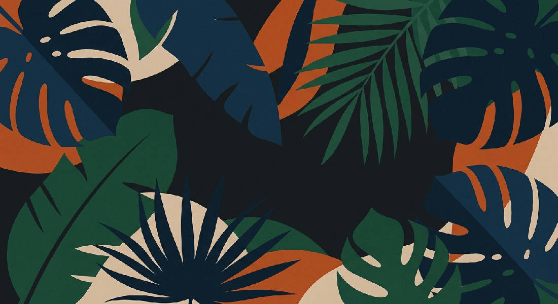 Abstrakt botaniskt konsttryck med överlappande mörkblå och smaragdgröna tropiska blad mot en kolsvart bakgrund.