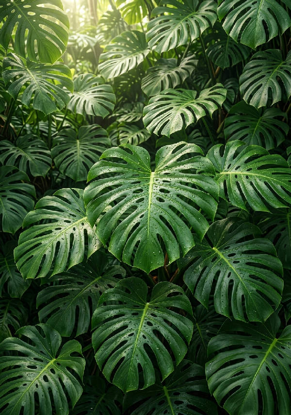 Närbild av ett hyperrealistiskt monsterablad med daggdroppar och naturliga ådror belyst av mjukt solljus.