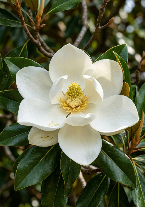 Närbild av en vit magnolia i full blom med mjuka, rena kronblad och en grön stjälk.