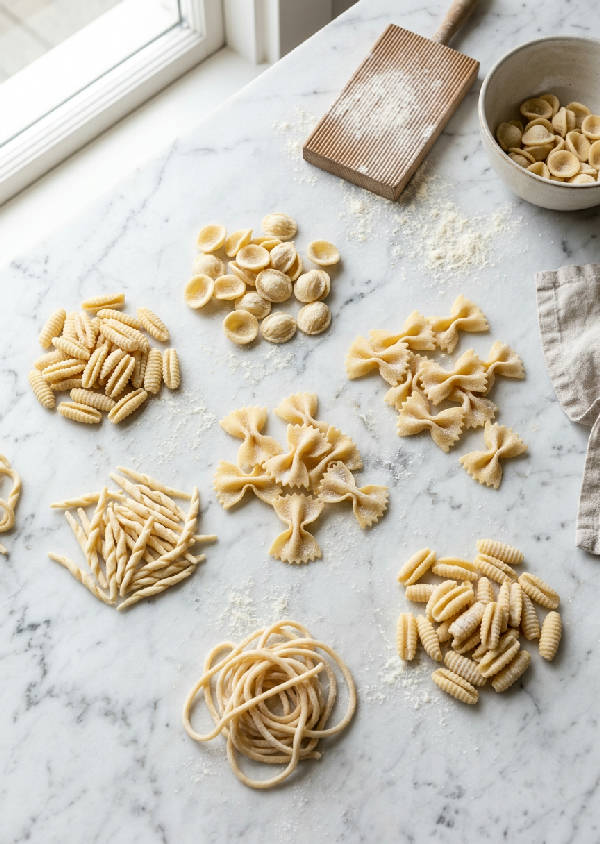 En vertikal bild av färsk, hemmagjord pasta, troligen tagliatelle eller fettuccine, liggandes på en sval, vit marmorskiva, redo att kokas. Ljuset faller mjukt på pastan.