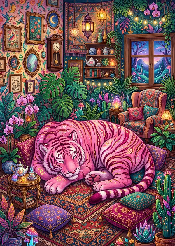 En rosa tiger vilar elegant på en möbel i ett färgstarkt, maximalistiskt vardagsrum med orange och rosa inredningsdetaljer.