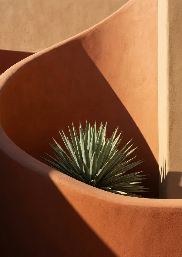 Minimalistisk illustration av släta adobe-väggar som mjukt kurvar runt en ensam, skulpterad agaveväxt med skarpa geometriska skuggor i jordnära färger som terrakotta, sand och dammig agavegrön.