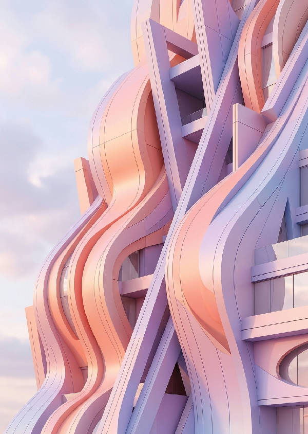 Abstrakt arkitektur i mjuka pastellfärger med geometriska former, vertikalt format, dominerande lila nyanser och inslag av rosa och blått