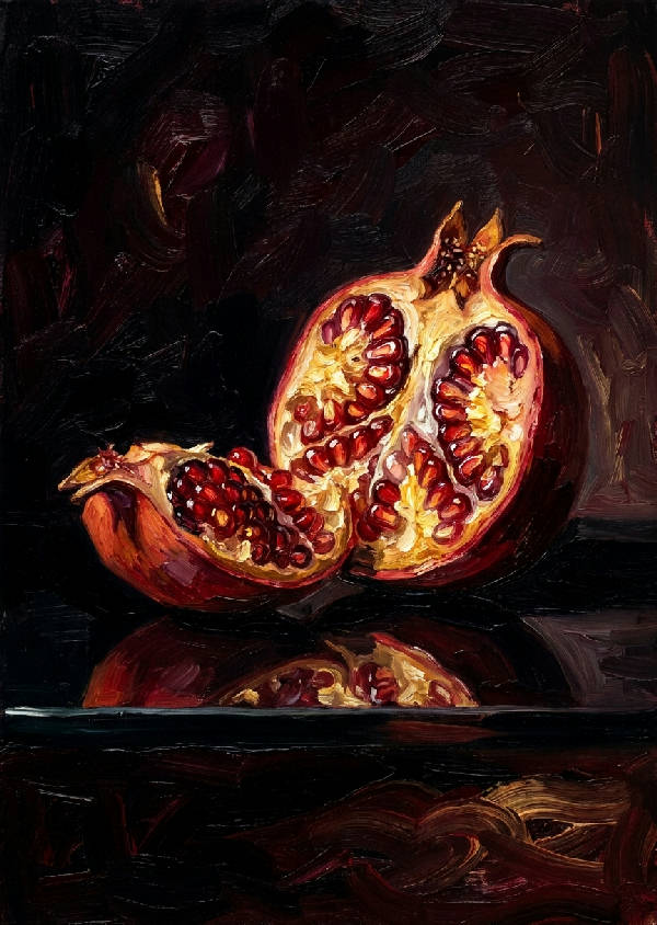 Samtida barock oljemålning av ett delat granatäpple som glöder, med juvelprydda frön vilande på ett reflekterande svart glasbord. Dramatisk chiaroscuro-belysning, djupa skuggor kontrasterar mot hyperrealistiska glänsande frukthöjdpunkter. Tjocka uttrycksfulla penseldrag.