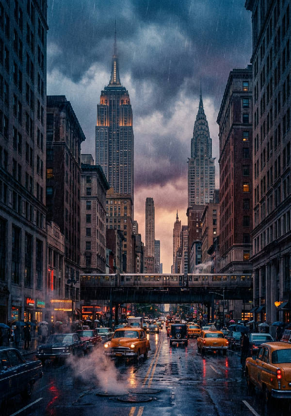 Vertikal poster som visar New York Citys silhuett på natten, med upplysta skyskrapor mot en mörk himmel.