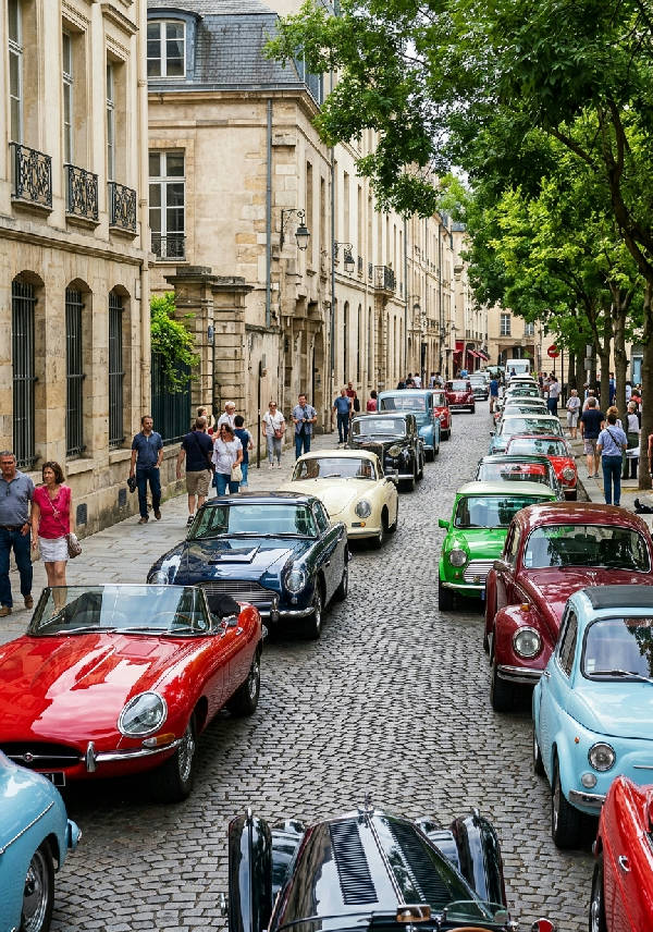 Närbild på fronten av ikoniska röda vintagebilar parkerade tätt intill varandra, med fokus på strålkastare och grill.