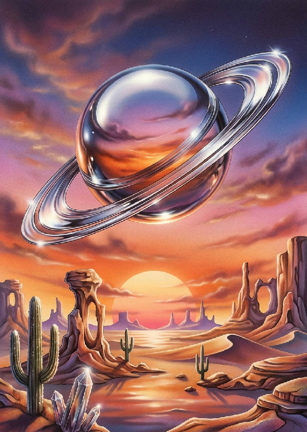 Jättelik kromringad planet över surrealistisk öken som reflekterar en strålande solnedgång. Varma, nostalgiska färger.